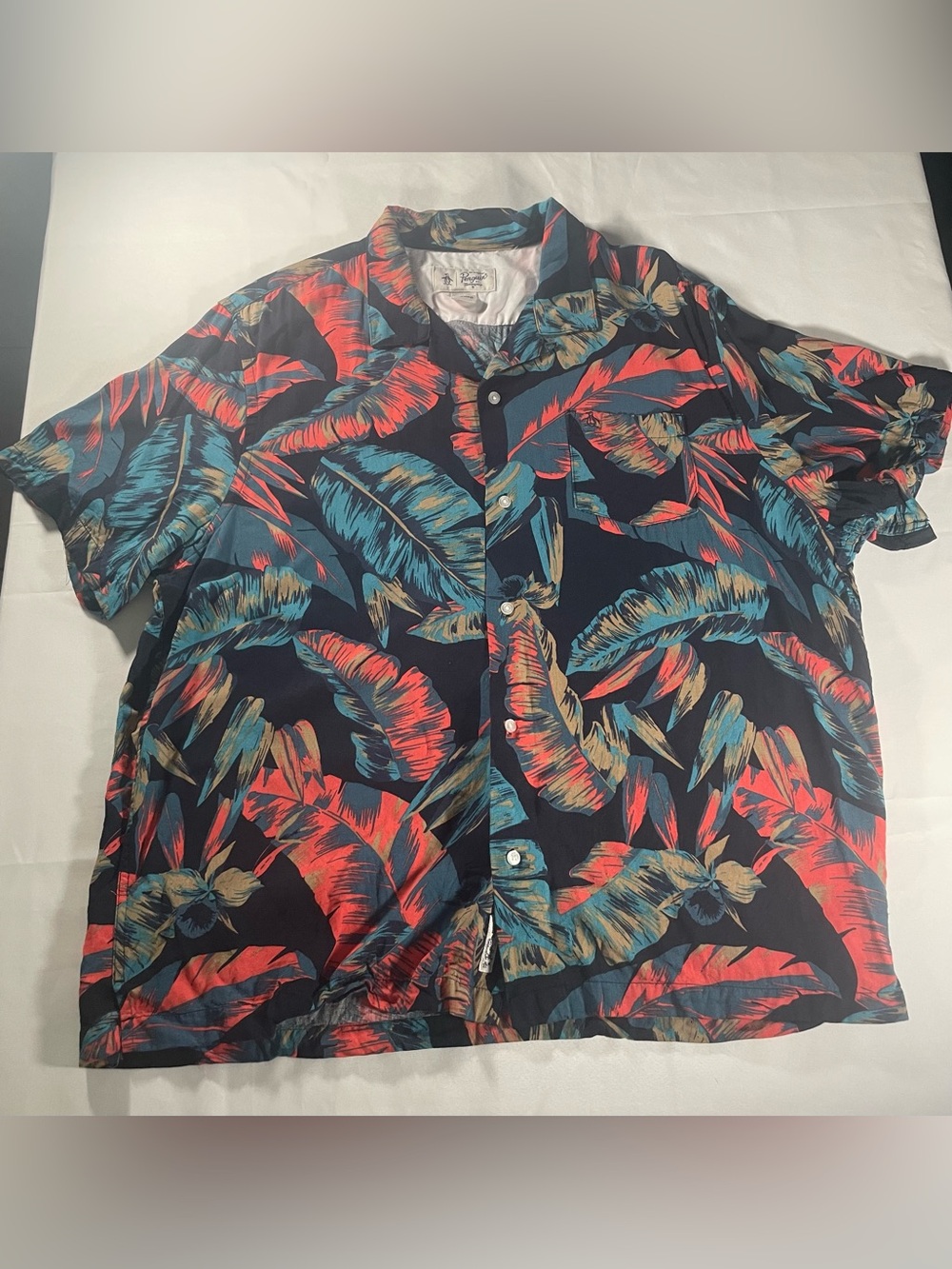 Button Down Penguin Beach Shirt with Teal & Coral Leaf Print